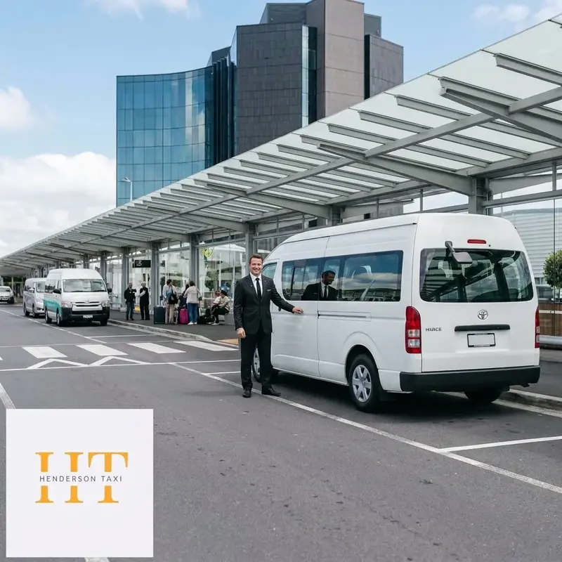Professional driver in a black suit standing next to a white 2018 Toyota Hiace 12-seater high-roof van at Auckland Airport arrivals. Perfect for private group transfers of up to 11 passengers with 10+ luggage. Premium airport transfer service.